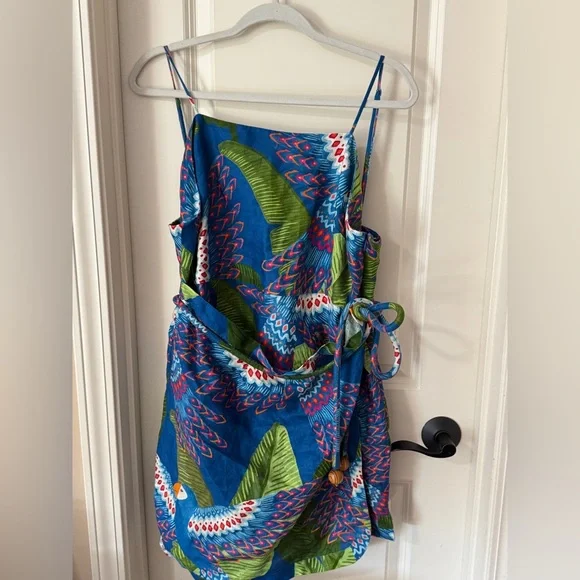 Farm Rio Blue Macaw Linen Wrap Mini Dress - Picture 2 of 8